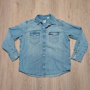 Levis Barstow Western Pearl Snap Denim Shirt Mens Large Light Wash Blue Standard